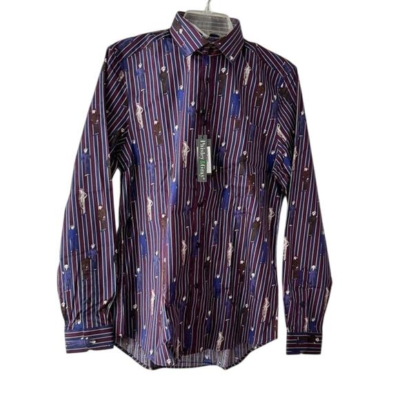 Paisley & Gray Men’s Slim Fit Dress Shirt M Striped Man Print Burgundy Navy NWT - Picture 1 of 14